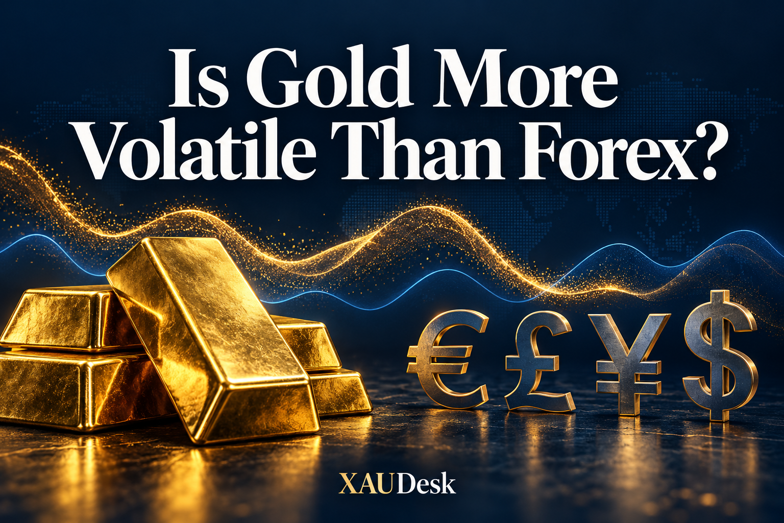 Gold bars beside euro, pound, yen and dollar symbols with decorative gold and blue waves.