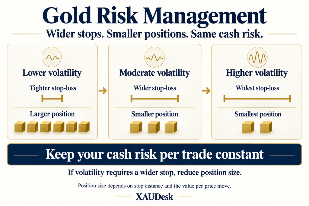 Gold risk-management infographic showing smaller positions as volatility and stop-loss distance increase, keeping planned cash risk constant.