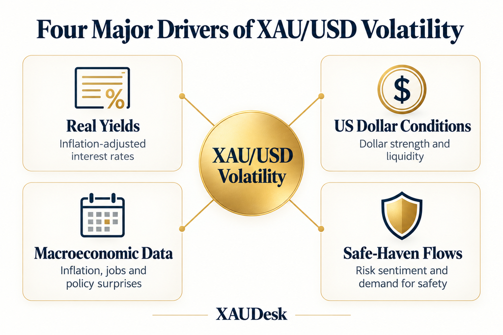 Diagram showing four drivers of XAU/USD volatility: real yields, US dollar conditions, macroeconomic data and safe-haven flows.
